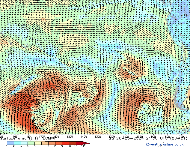 Wind 10 m (bft) ECMWF zo 26.05.2024 21 UTC