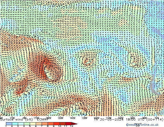 Surface wind (bft) ECMWF Th 30.05.2024 18 UTC