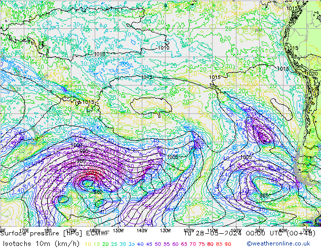 Isotachs (kph) ECMWF mar 28.05.2024 00 UTC