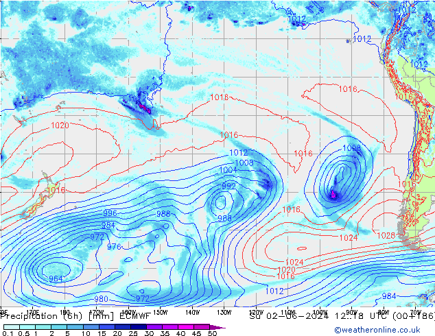 Totale neerslag (6h) ECMWF zo 02.06.2024 18 UTC