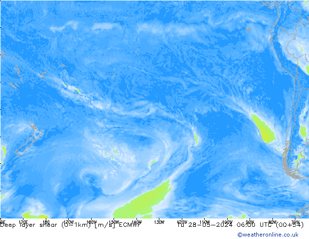 Deep layer shear (0-1km) ECMWF Tu 28.05.2024 06 UTC