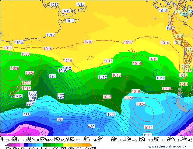 Espesor 700-1000 hPa ECMWF jue 30.05.2024 18 UTC