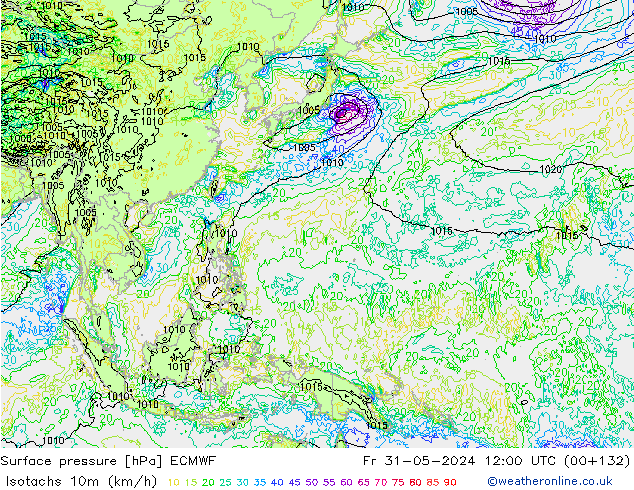 Izotacha (km/godz) ECMWF pt. 31.05.2024 12 UTC