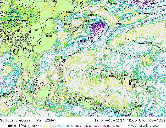 Isotaca (kph) ECMWF vie 31.05.2024 18 UTC