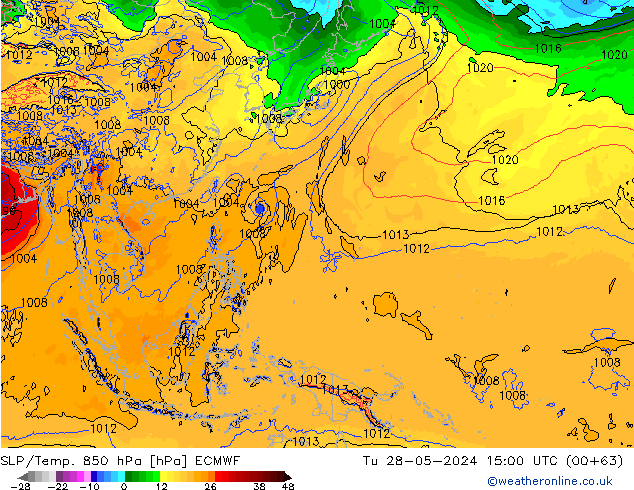 850 hPa Yer Bas./Sıc ECMWF Sa 28.05.2024 15 UTC