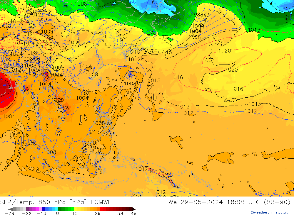 SLP/Temp. 850 hPa ECMWF Qua 29.05.2024 18 UTC