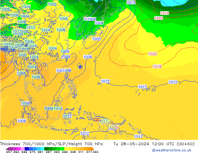 Thck 700-1000 hPa ECMWF Tu 28.05.2024 12 UTC