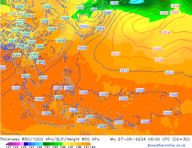 Thck 850-1000 гПа ECMWF пн 27.05.2024 06 UTC