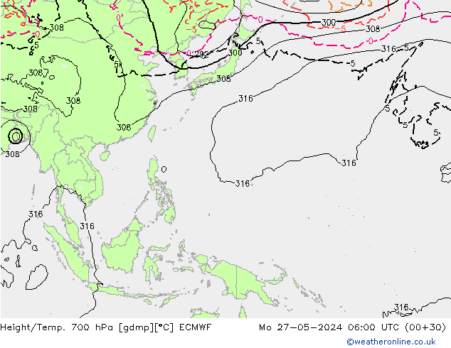 Height/Temp. 700 гПа ECMWF пн 27.05.2024 06 UTC