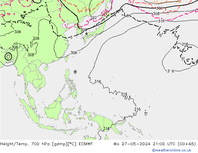 Height/Temp. 700 hPa ECMWF  27.05.2024 21 UTC