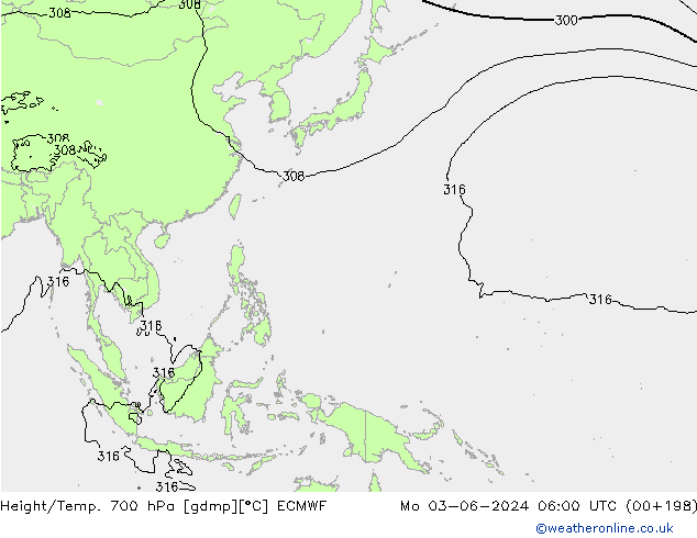 Height/Temp. 700 hPa ECMWF Mo 03.06.2024 06 UTC