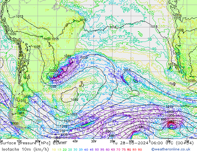 Isotachs (kph) ECMWF Tu 28.05.2024 06 UTC