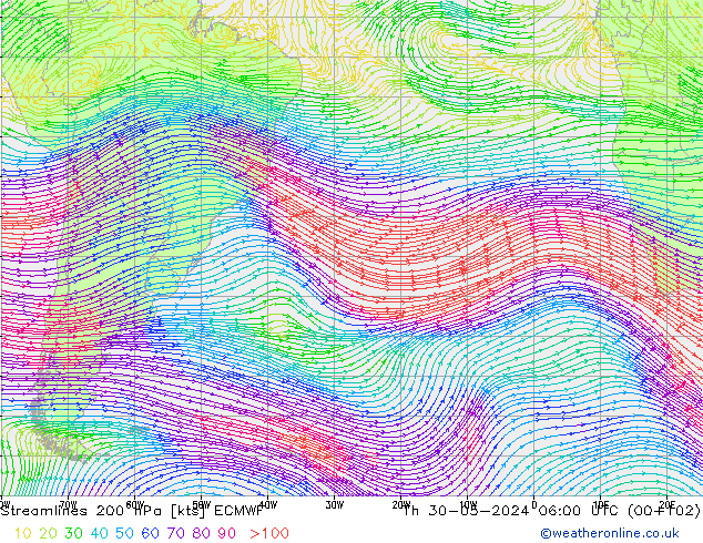 Stroomlijn 200 hPa ECMWF do 30.05.2024 06 UTC