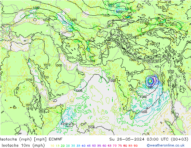 Isotachs (mph) ECMWF 星期日 26.05.2024 03 UTC