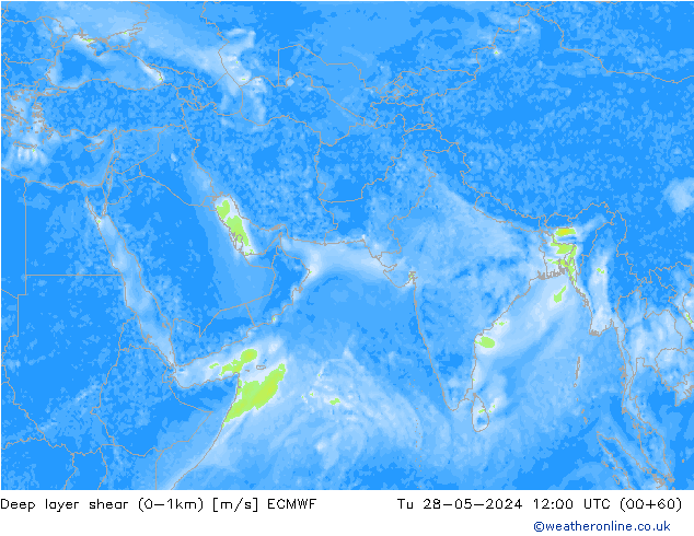 Deep layer shear (0-1km) ECMWF mar 28.05.2024 12 UTC