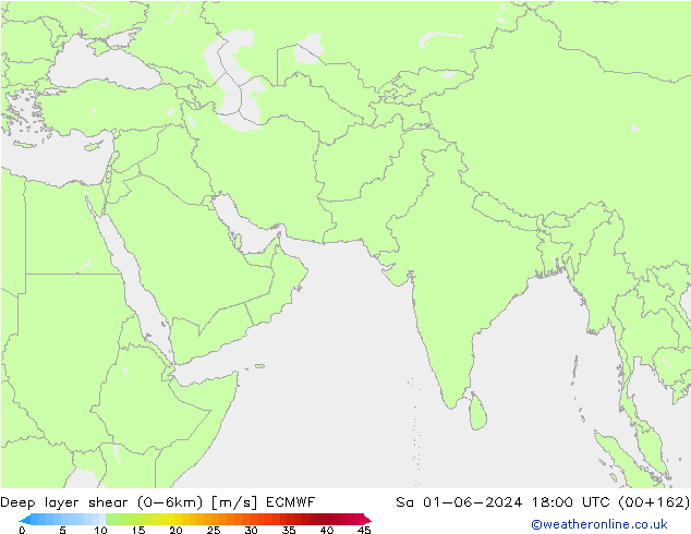 Deep layer shear (0-6km) ECMWF sam 01.06.2024 18 UTC