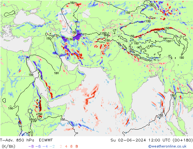 T-Adv. 850 гПа ECMWF Вс 02.06.2024 12 UTC