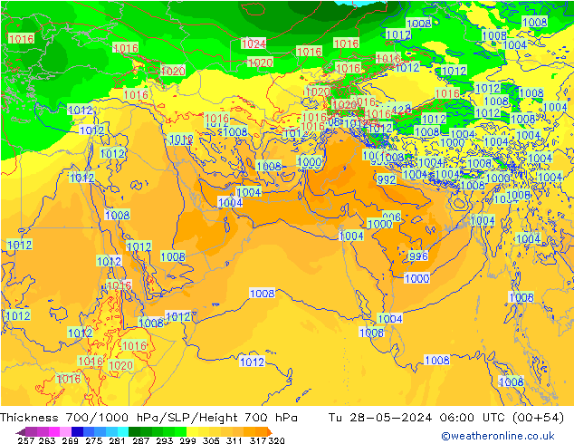 Espesor 700-1000 hPa ECMWF mar 28.05.2024 06 UTC