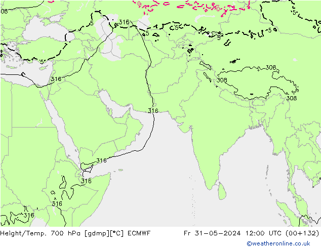 Hoogte/Temp. 700 hPa ECMWF vr 31.05.2024 12 UTC