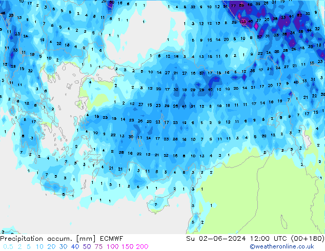 Precipitation accum. ECMWF Dom 02.06.2024 12 UTC