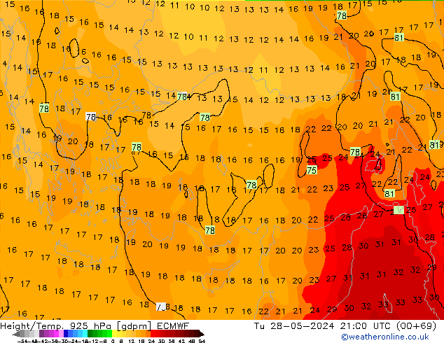 Height/Temp. 925 hPa ECMWF Ter 28.05.2024 21 UTC