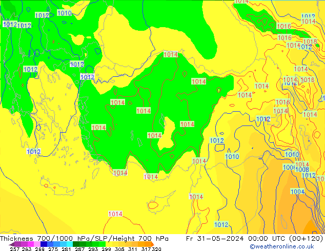 Thck 700-1000 hPa ECMWF Fr 31.05.2024 00 UTC