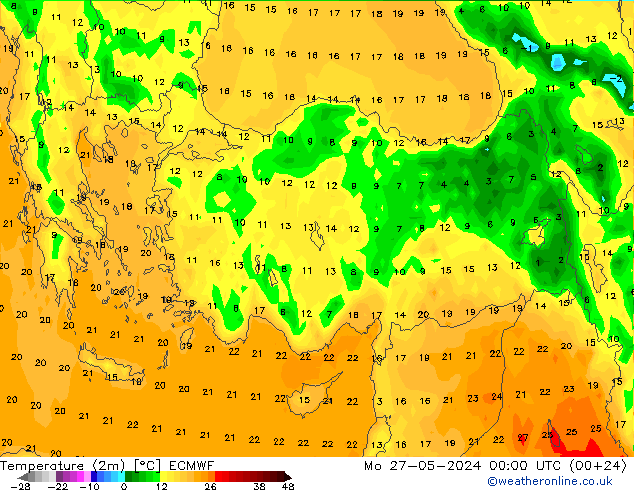 Sıcaklık Haritası (2m) ECMWF Pzt 27.05.2024 00 UTC