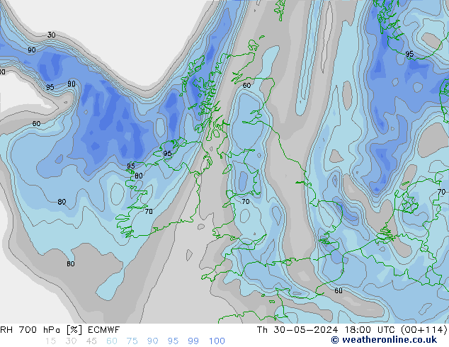 Humedad rel. 700hPa ECMWF jue 30.05.2024 18 UTC