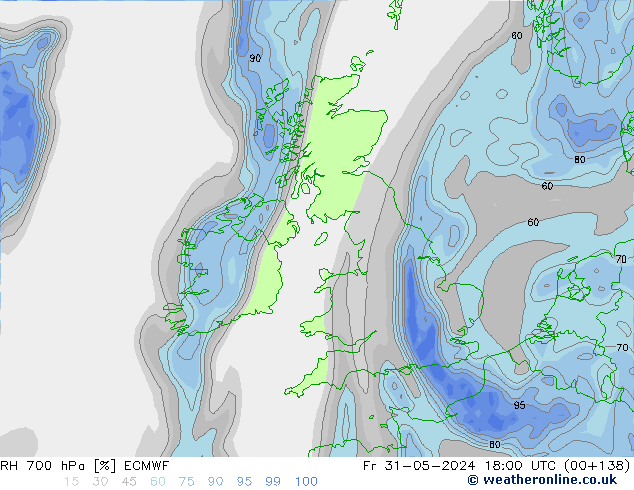 Humedad rel. 700hPa ECMWF vie 31.05.2024 18 UTC