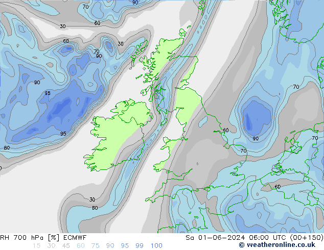 RH 700 гПа ECMWF сб 01.06.2024 06 UTC