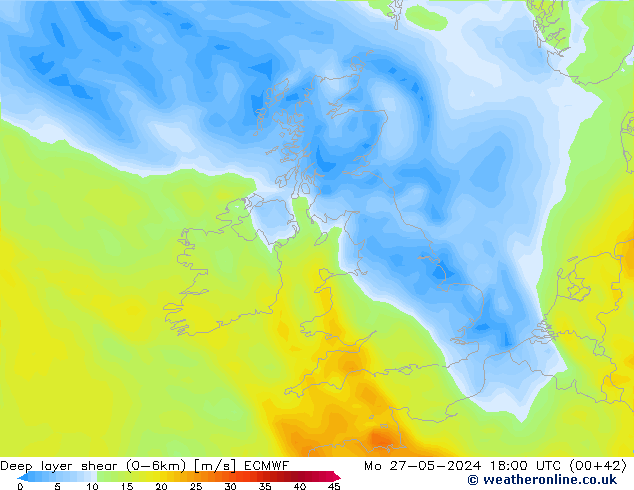 Deep layer shear (0-6km) ECMWF ma 27.05.2024 18 UTC