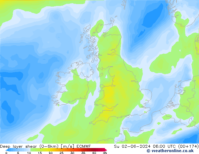 Deep layer shear (0-6km) ECMWF nie. 02.06.2024 06 UTC