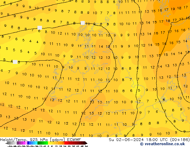 Yükseklik/Sıc. 925 hPa ECMWF Paz 02.06.2024 18 UTC