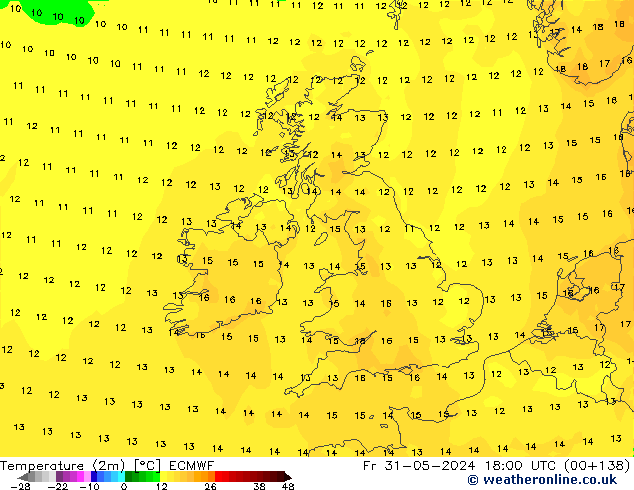 Temperatuurkaart (2m) ECMWF vr 31.05.2024 18 UTC