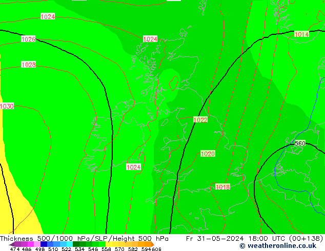 Espesor 500-1000 hPa ECMWF vie 31.05.2024 18 UTC