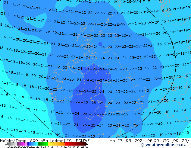 Z500/Rain (+SLP)/Z850 ECMWF Po 27.05.2024 06 UTC