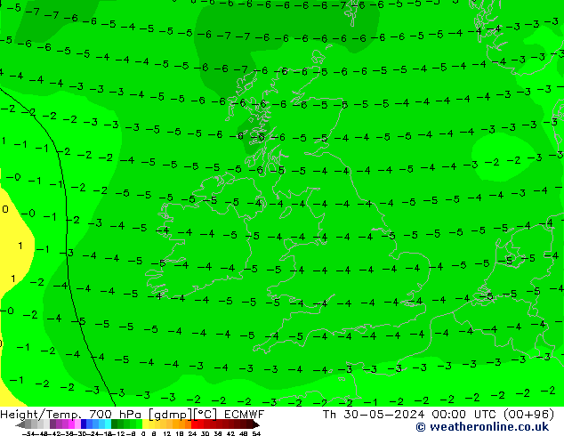 Height/Temp. 700 hPa ECMWF Th 30.05.2024 00 UTC