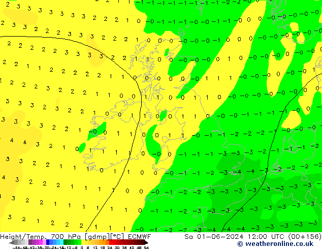 Height/Temp. 700 hPa ECMWF Sa 01.06.2024 12 UTC