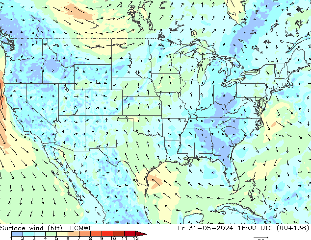 wiatr 10 m (bft) ECMWF pt. 31.05.2024 18 UTC