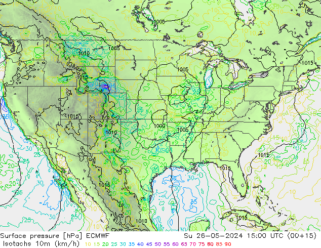 Isotachs (kph) ECMWF dim 26.05.2024 15 UTC