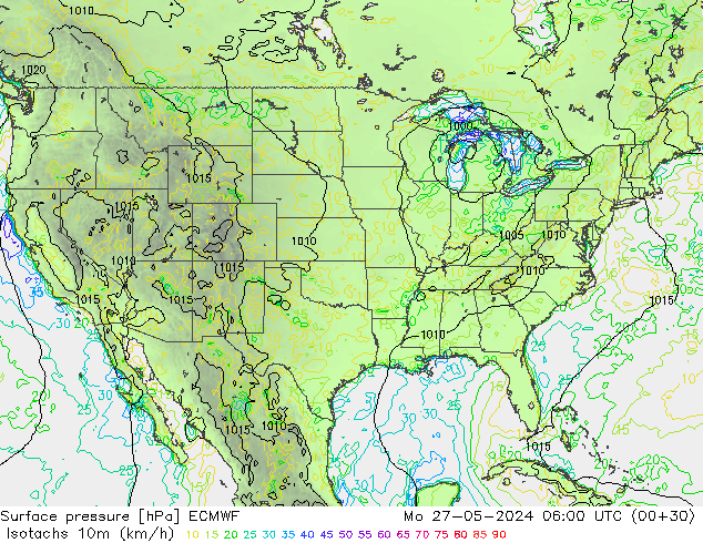 Isotachs (kph) ECMWF Mo 27.05.2024 06 UTC