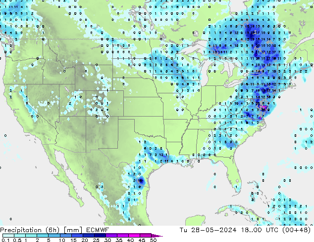 Precipitation (6h) ECMWF Út 28.05.2024 00 UTC