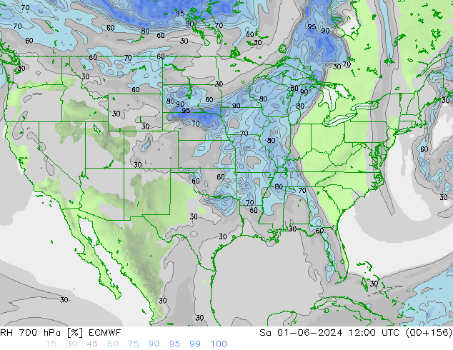 Humedad rel. 700hPa ECMWF sáb 01.06.2024 12 UTC