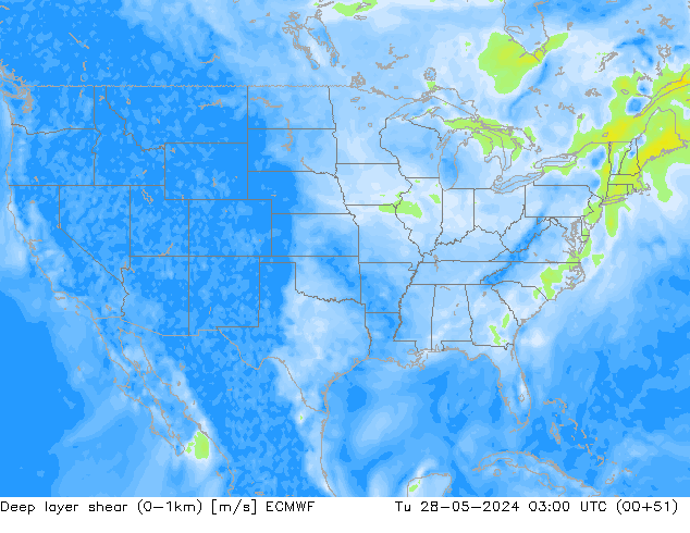 Deep layer shear (0-1km) ECMWF Út 28.05.2024 03 UTC