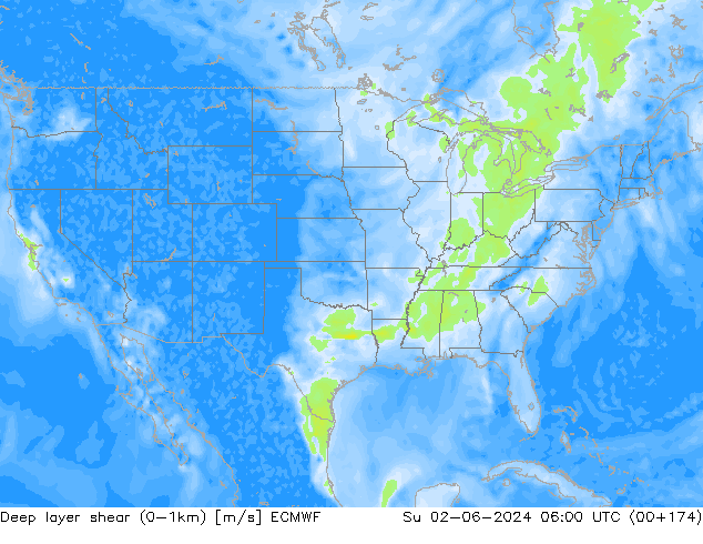 Deep layer shear (0-1km) ECMWF  02.06.2024 06 UTC