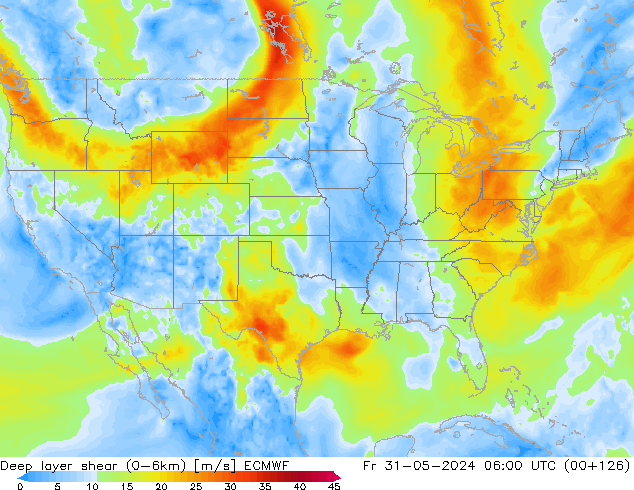 Deep layer shear (0-6km) ECMWF Fr 31.05.2024 06 UTC