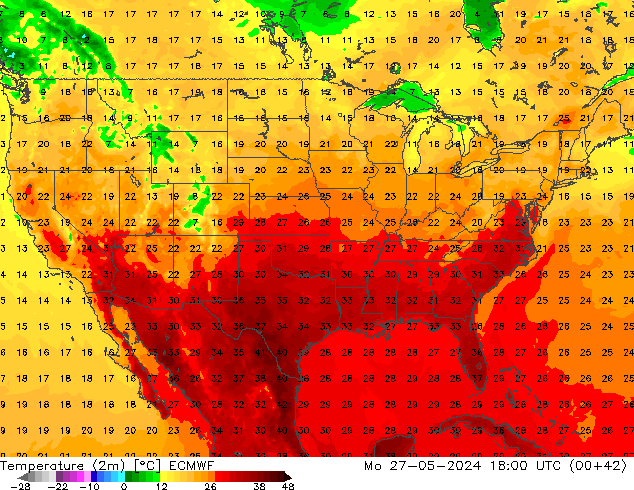 Temperature (2m) ECMWF Mo 27.05.2024 18 UTC