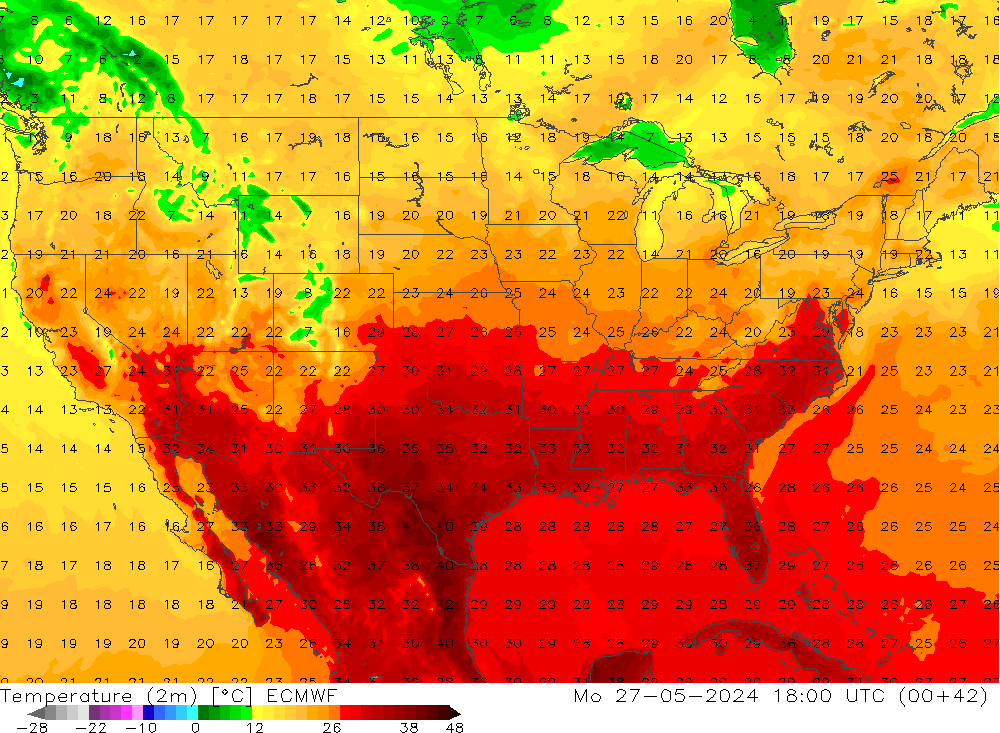 Temperature (2m) ECMWF Mo 27.05.2024 18 UTC