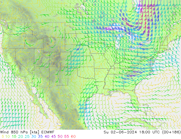 Rüzgar 850 hPa ECMWF Paz 02.06.2024 18 UTC