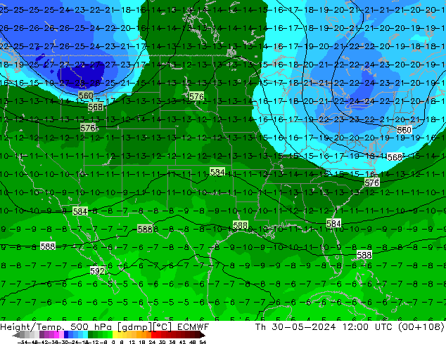 Z500/Rain (+SLP)/Z850 ECMWF czw. 30.05.2024 12 UTC